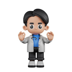 3d Character Doctor Giving Ok Hand Gesture Pose. 3d render isolated on transparent backdrop.