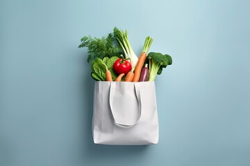 Grocery full bag. white shopping bag with vegetables in light blue background.