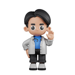 3d Character Doctor Hands Up Pose. 3d render isolated on transparent backdrop.