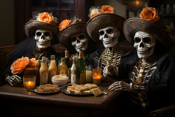 group of scary Halloween skeletons sitting together on a table, wearing brown hats with flowers on them with some beverages and food, Halloween spooky background, Spooky Skelton for Halloween