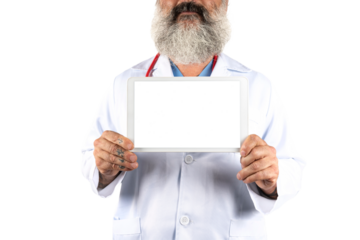 doctor shows blank tablet screen on transparent background
