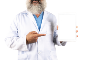 doctor points his finger at the tablet screen