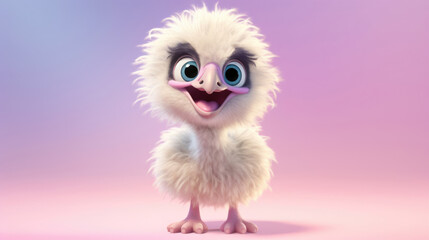 Obraz premium Realistic 3d render of a happy, furry and cute baby Ostrich smiling with big eyes looking strainght