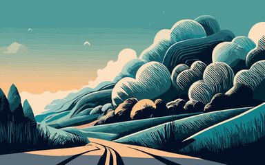 Vector illustration of a lonely road in the mountains with trees and clouds, surreal abstract nature, generative ai - obrazy, fototapety, plakaty