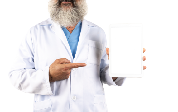 doctor points his finger at the tablet screen