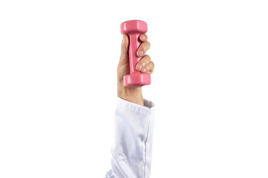 hand of a physiotherapist with a pink weight in symbol of the importance of care and rehabilitation