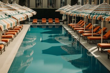 Fototapeta na wymiar Image of an extravagant pool with loungers and umbrellas. Generative AI