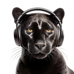 Foto auf Acrylglas Close up portrait of a beautiful panther in wireless headphones isolated on white background. The panther is listening to music. Generative AI © Andrii