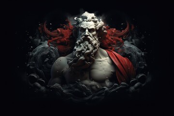 Portrait of mythological god with red cloth and dark background - obrazy, fototapety, plakaty