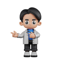 3d Character Doctor Pointing Fingers In Direction Pose. 3d render isolated on transparent backdrop.
