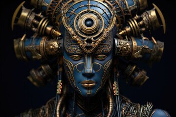 Female afrofuturistic god robot warrior with golden and blue details - obrazy, fototapety, plakaty