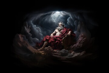 Mythological god sitting on the throne in the dark stormy sky. - obrazy, fototapety, plakaty