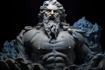 Statue of mythological god angry on a black background.  - obrazy, fototapety, plakaty