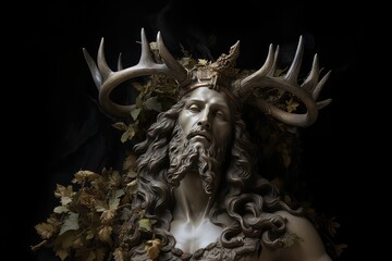 Statue of pagan god with deer antlers crown and golden details on a black background - obrazy, fototapety, plakaty