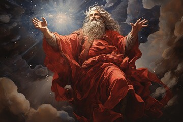 God in red robe against the background of the sky. - obrazy, fototapety, plakaty