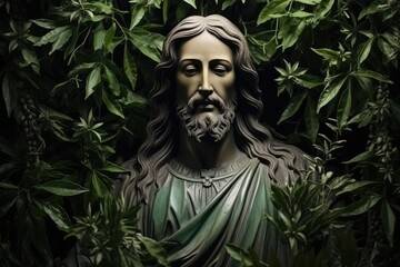 Jesus Christ statue with green leaves background