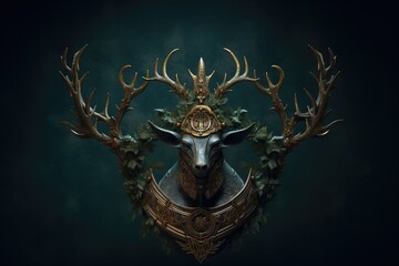 Pagan god. Deer head with antlers and golden details on dark background. 