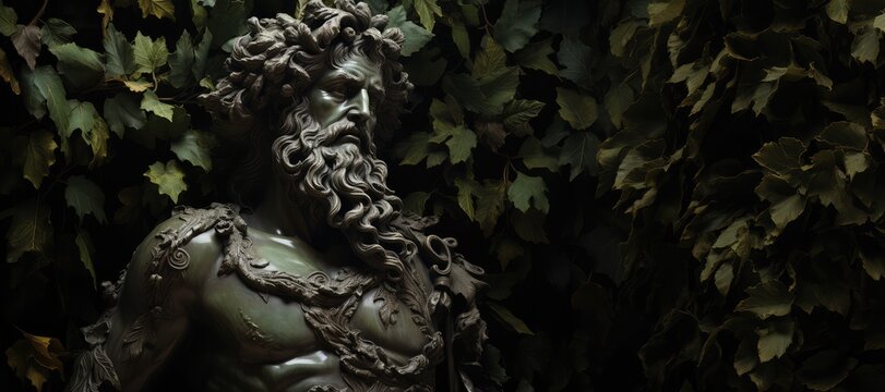 Statue of mythologic god with a crown in the forest on a black background