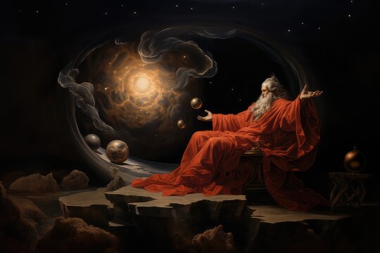 Mythological god in the starry sky moving planets