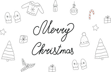 Doodle on а Christmas theme with caption Marry Christmas. Black White. Coloring.