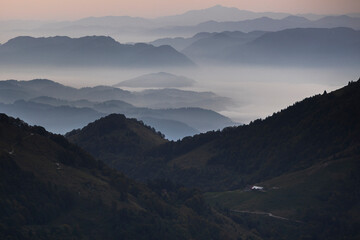 Obraz premium Morning in Julain Pre Alps with well visible a Dairy Farm - Viev from ascend to mount Krn - Slovenia