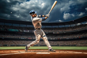 Baseball player swinging to hit a home run in a stadium. - obrazy, fototapety, plakaty