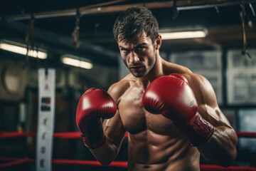 Boxer practicing punches in a boxing gym. - obrazy, fototapety, plakaty