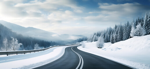 road in cold winter with snowy mountains landscape