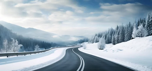 Foto op Plexiglas road in cold winter with snowy mountains landscape © fraudiana