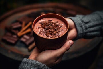 Hot handmade ceremonial cacao in brown cup. Woman hands holding craft cocoa, top view on wooden...