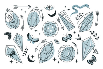Set of line art minerals, crystals, eyes, gems, moths, butterflies, moon, stars. Magic fairy tale on the theme of Halloween. Magic elements. Vector - obrazy, fototapety, plakaty