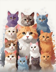 a group of Cat separately sitting next to each other on top of a white background with a Cat's fa