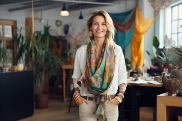 Smiling confident 45 years old Latin professional middle aged business woman corporate leader, happy mature female executive, lady manager standing in office arms in pack looking at camera, portrait. - obrazy, fototapety, plakaty