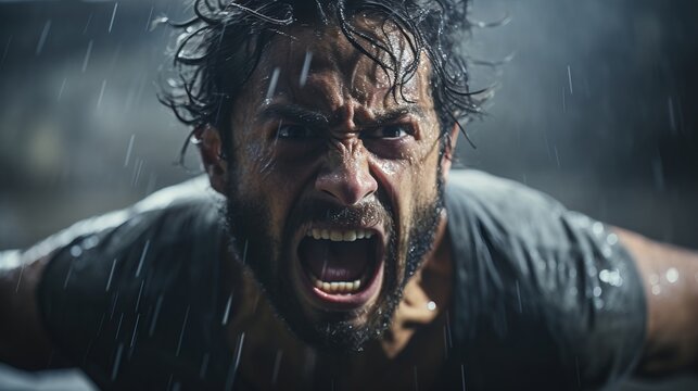 Screaming frustrated man dispersing and disintegrating into particles in a war