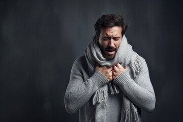 Mature man coughing on color background. He fell ill during an epidemic, a pandemic, and contracted either the flu virus or tonsillitis, experiencing a high temperature and disease symptoms. Sick man 