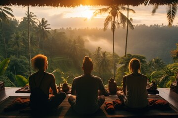 group of people meditating in the Bali island. Back view of young people group practicing yoga with instructor. Stretching class at summer retreat camp to keep fit and health. Woman fitness. 