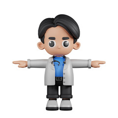 3d Character Doctor T Pose. 3d render isolated on transparent backdrop.