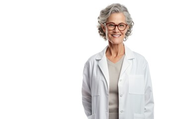 Portrait of smiling older senior female professional doctor physician pediatrician wearing white robe with glasses  standing in modern private clinic hospital, looking at camera. Copy space
