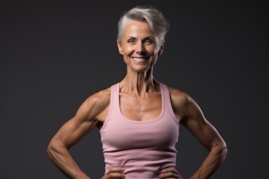 Strong senior woman exercising. Happy mature woman, aged 50-60, with a fit body, takes pride in her muscles. She is healthy and defies aging. Fitness for health