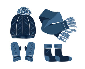 Set of winter accessories knitted hat scarf mittens socks blue. Stock vector flat illustration isolated on white
