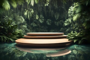 Wooden podium in tropical forest for product presentation