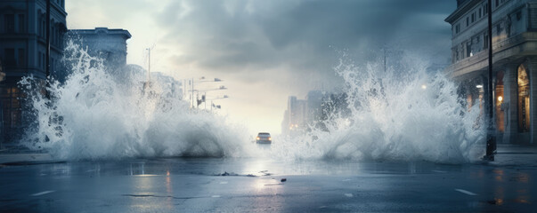 Water burst in city fountain. Problem on street with water stream fountines.