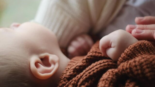Close up of unknown caring young mom holding pretty baby son, gently touch infant hand, hugging together sitting on cozy windowsill on background autumn forest at warm calm day. Family love concept