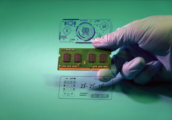 Hand in blue glove holding RAM memory on blue background.and artificial intelligence concept - obrazy, fototapety, plakaty
