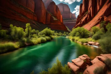 A serene, emerald-green river winding through a lush canyon, with towering red cliffs on either...