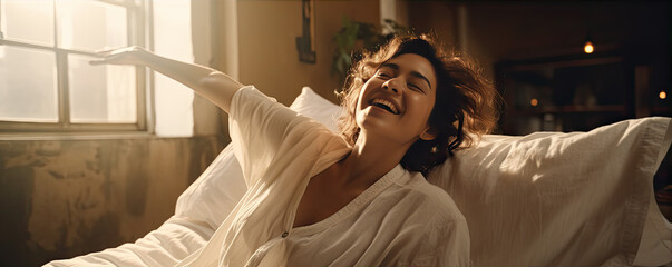 Asian woman smilling and relax on hotel room. Home lifestyle woman relaxing enjoying luxury sofa in sunligth background.