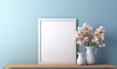 Shelf with poster and bouquet of flowers over blue wall 3d rendering.