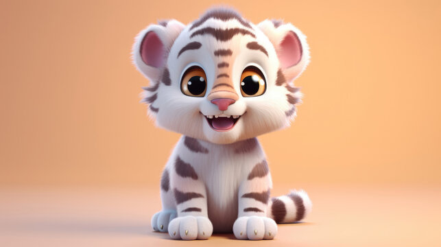 Realistic 3d render of a happy,  furry and cute baby Tiger smiling with big eyes looking strainght