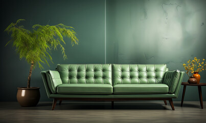 A light green leather sofa is positioned against a wall with a copy space. Mid-century, retro, vintage-style home interior design of a modern living room