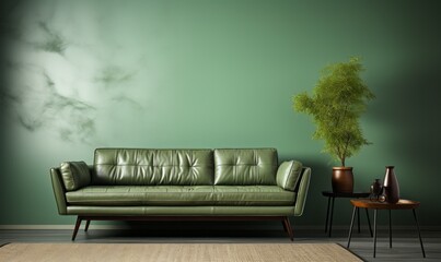A light green leather sofa is positioned against a wall with a copy space. Mid-century, retro, vintage-style home interior design of a modern living room